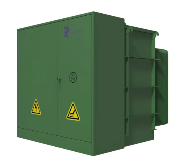 Rymel pad-mounted transformer with its identification plate and PCB-free mark